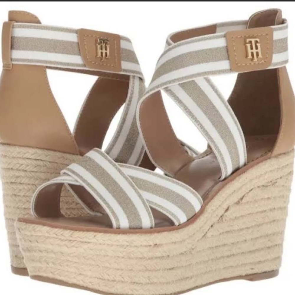 Tommy Hilfiger White and Gold Wedges